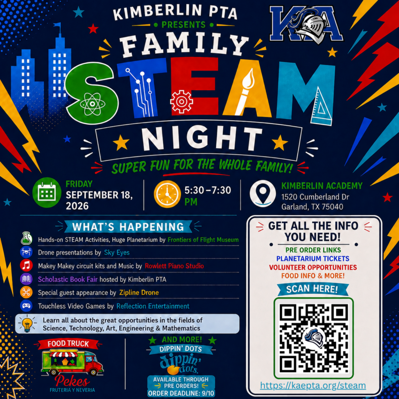 Family STEAM Night flyer with full event details — Friday, September 18, 5:30-7:30 PM at Kimberlin Academy, including planetarium, drones, book fair, and QR code link to kaepta.org/steam